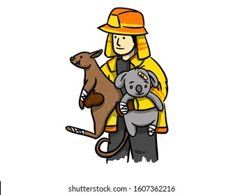 The Firefighters Rescue A Koala And Kangaroo Injury From Bushfires, Pray For Australia Poster Concept.