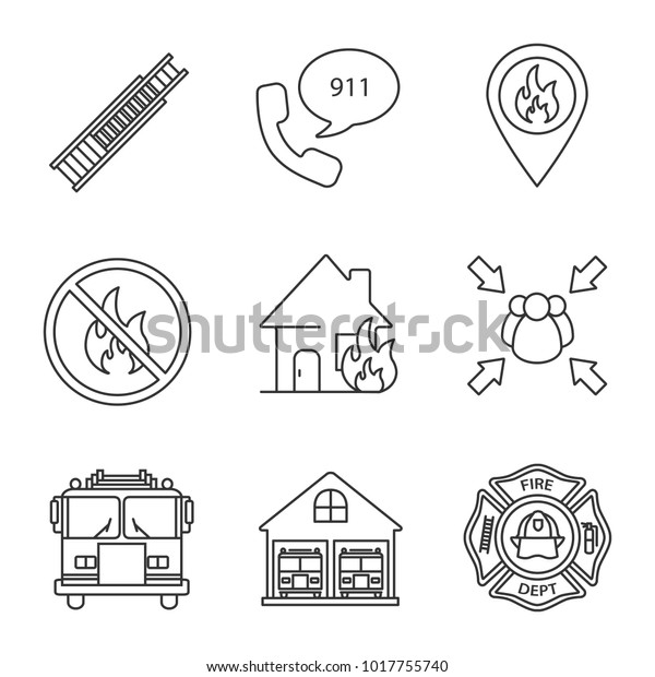 Firefighting linear icons set. Double\
extension ladder, emergency call, burning house, assembly point,\
firefighter badge, fire location. Thin line contour symbols.\
Isolated raster outline\
illustration