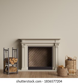 Fireplace And Accessories In Interior. Digital Illustration.3d Rendering