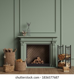 Fireplace And Accessories In Interior. Digital Illustration.3d Rendering