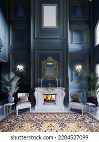 Fireplace Area With A White Stone Fireplace With Two Leather Chairs And Large Houseplants In A Classic Dark Blue Interior. 3D Rendering.