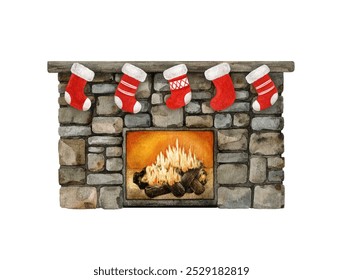 Fireplace with Christmas socks decoration. Vintage style illustration. Hand drawn winter time cozy indoor decoration element on white background. Christmas season fireplace decor with burning fire - Powered by Shutterstock