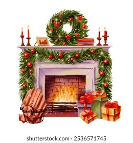 Fireplace with Christmas wreath, candles and gifts. Digital watercolor isolated illustration on white background - Powered by Shutterstock