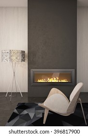 Fireplace Lounge Room with Comfortable Chair and Stand Lamp 3D rendering / 3D illustration