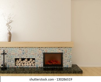 Fireplace In Modern Style, Located On A Marble Pedestal, Lined With Stone And Wooden Mantel