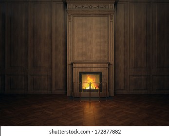 Fireplace In The Room Paneled In Wood