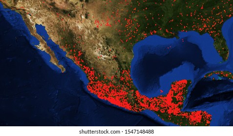 Fires Places West California And Mexico Map.  View From Outer Space.  Satellite Panoramic Image. Some Elements Of This Image Are Furnished By NASA