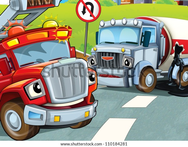 Firetruck Going Rescue Car Accident Colorful Stock Illustration ...