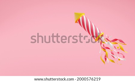 Firework with confetti 3d render illustrationwith copy space. Striped flying rocket with sparkles isolated on pink background for holiday party, celebration and congratulation banner.