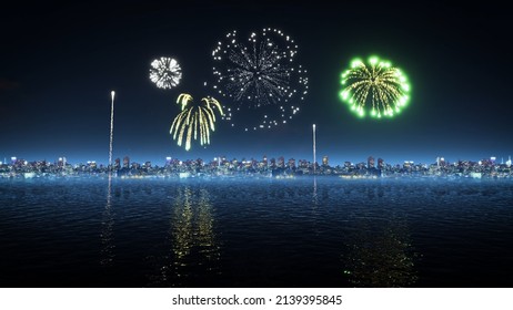 Fireworks in a coastal city 3d rendering