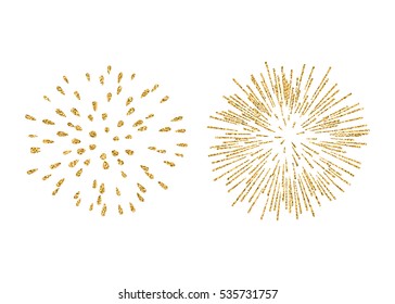 Fireworks Set Gold Isolated. Beautiful Golden Fireworks On White Background. Bright Decoration Christmas Card, Happy New Year Celebration, Anniversary, Festival. Flat Design Illustration