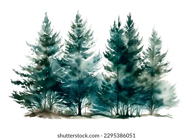 Firs or pine trees for winter Christmas design. Watercolor illustration of coniferous forest, spruce. Winter nature, holiday background, coniferous tree, snow, outdoor, snowy rural landscape - Powered by Shutterstock