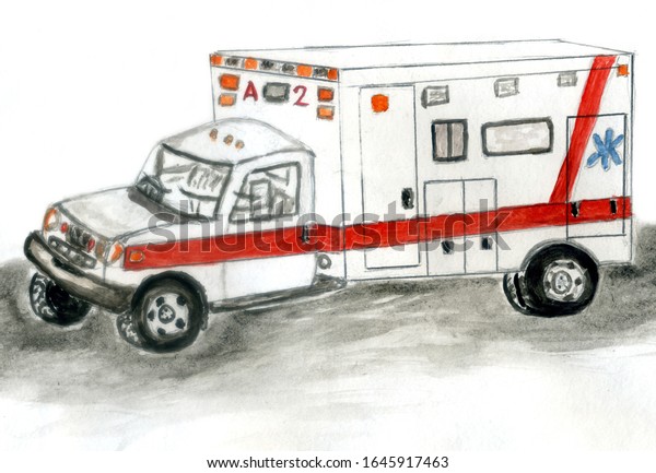 First aid, ambulance car hand drawn\
watercolor\
illustration.