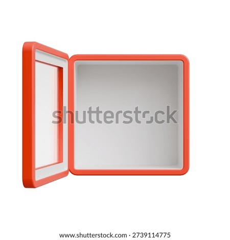 First aid kit box open red medical container with empty interior, centered composition, front three-quarter view, isolated white background for healthcare, storage, and emergency preparedness concepts.