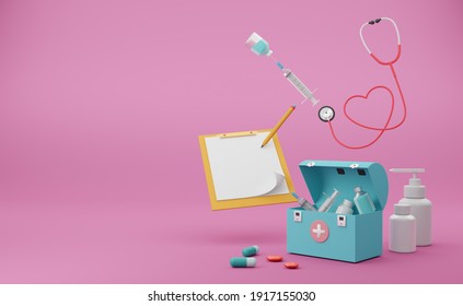 First aid kit with check list, stethoscope and syringe isolated on pink background. Concept 3d illustration or 3d render