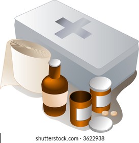 First Aid Kit And Its Contents Including Pills And Bandages