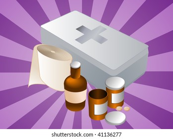 First Aid Kit And Its Contents Including Pills And Bandages, Illustration