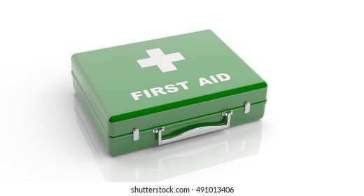 First Aid Kit. Green First Aid Box Isolated On White Background. 3d Illustration