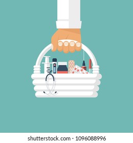 First Aid Kit In Hands Village Doctor. Medical Background. Medical Facilities With Medicines And Vaccinations. Illustration In Flat Design. Healthcare Concept. Medical Help. Emergency Doctor.