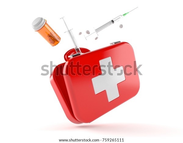 白い背景に注射器と薬物を使った救急箱 3dイラスト のイラスト素材