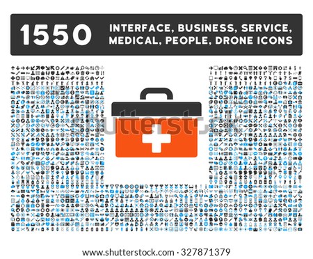 First Aid Toolbox and other web interface, business tools, people poses, medical service glyph icons. Style is flat symbols, bicolored, rounded angles, white background.