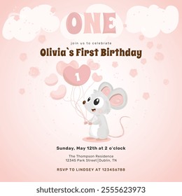 First Birthday Party Invitation Featuring a Cute White Mouse Holding Pink Balloons - Powered by Shutterstock