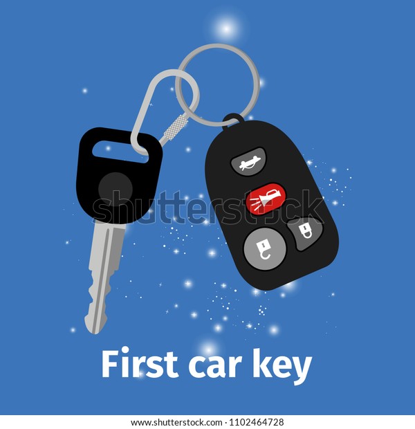 First car key with key holder on blue
background,
illustration