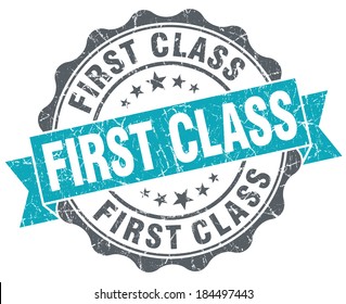 First class blue grunge retro style isolated seal