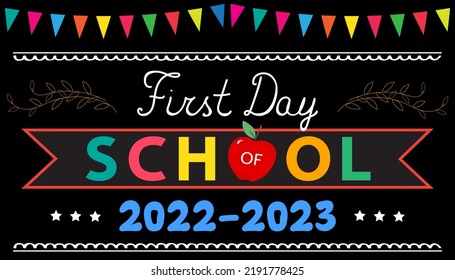 First Day Of School Greeting Card. Text 2022-2023, Red Apple On Black School Board With Colorful Garland. Back To School Concept.