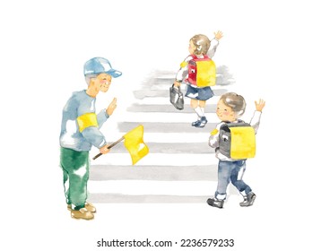 A first grader and a volunteer man crossing a pedestrian crossing.jpg - Powered by Shutterstock