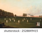 First Grand Match of Cricket Played by Members of the Royal Amateur Society on Hampton Court Green (August 3rd, 1836) by Attributed to H. J. Aveling. Vintage oil painting art print.