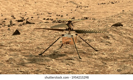 First Helicopter On Mars Trying To Start Flight. 3d Illustration