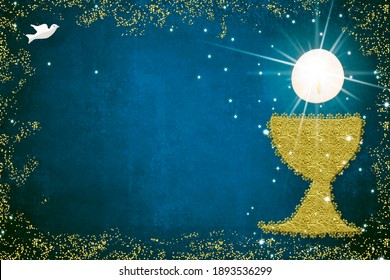 First holy communion invitation card. Abstract hand drawn gold  chalice, host and dove  on a  blue paper background with copy space to put text and photo.