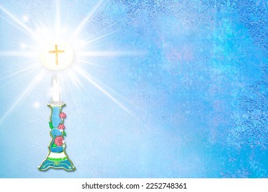 First holy communion invitation card or catholic celebration. Sacred host and candle light on  blue paper background with copy space to text and photo, hand-drawn. Panoramic image. - Powered by Shutterstock