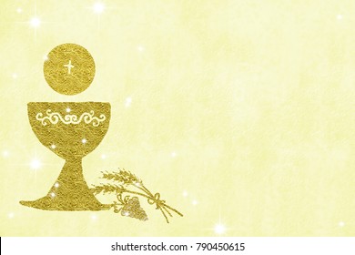 First Holy Communion invitations, gold chalice wheat and grapes on yellow  background with empty space for text and photos - Shutterstock ID 790450615