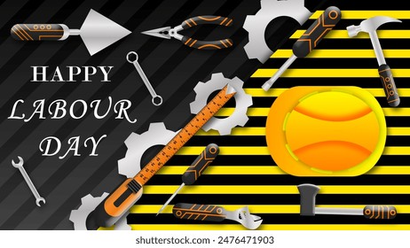 First may international labour day illustration with labour tools and safety halmet. Happy labour day wishes. - Powered by Shutterstock