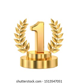 First Place, Golden Trophy With Laurel Wreath Isolated On White. 3D Rendering With Clipping Path