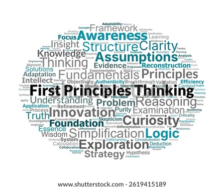 First Principles Thinking Word Cloud. Explore essential keywords for mastering logical problem solving and foundational thinking for innovation and clarity.