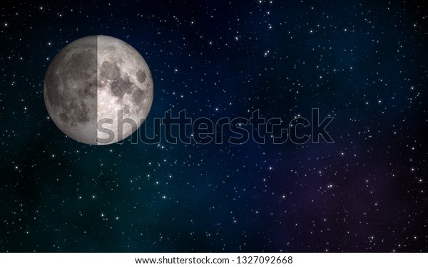 First quarter moon\
illustration astronomical graphic design background with The\
Quarter Moon and stars field in the galaxy. Element of this image\
furnished by NASA.