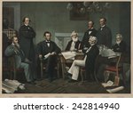 First reading of Emancipation Proclamation before the cabinet, July 22, 1862. L to R: Edwin Stanton, Salmon Chase, Lincoln, Gideon Wells, Caleb Smith, William Seward, Montgomery Blair, Edward Bates.