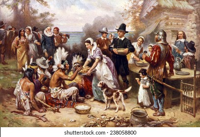 The First Thanksgiving, 1621, Pilgrims And Natives Gather To Share A Meal, Oil Painting By Jean Louis Gerome Ferris, 1932.