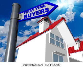 first time buyers home house blue road sign sky sun - 3d rendering - Powered by Shutterstock