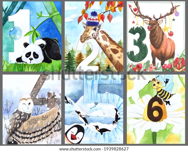 1年目の赤ちゃん水彩画セットで 数字と動物が描かれます 新生児または男の子のマイルストーンカード 出産月記念カード のイラスト素材