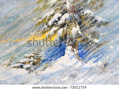 Fir-tree in snow. A picture drawn by oil