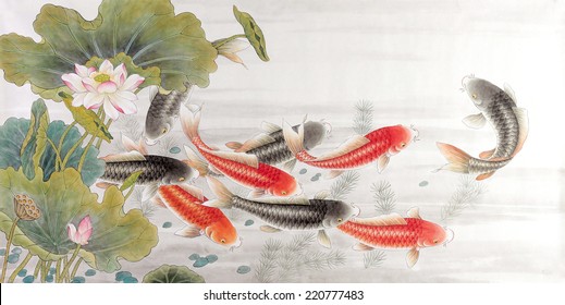 fish of asian ink and wash painting. 