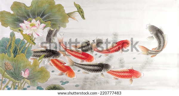 アジアの水墨魚と水墨画 のイラスト素材