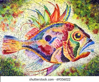 Fish bright stylized with a huge eye and prickly fins drawn on a water color paper water color colors