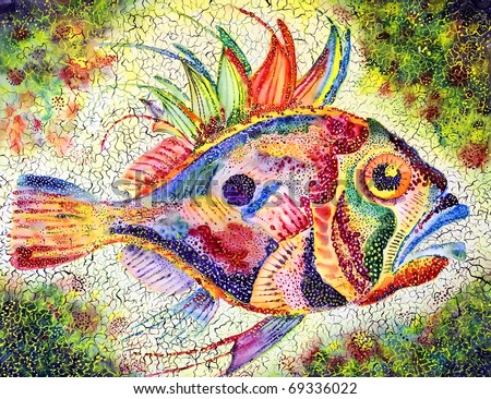 Fish bright stylized with a huge eye and prickly fins drawn on a water color paper water color colors