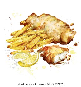 Fish And Chips. Watercolor Illustration. 