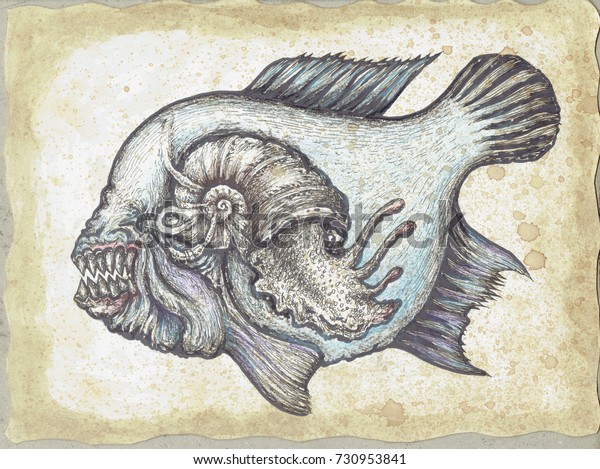 Fish dark character sketch, a drawing hand. mixed\
media, pencil. book illustration to the European mythology. New,\
surreal dark art.